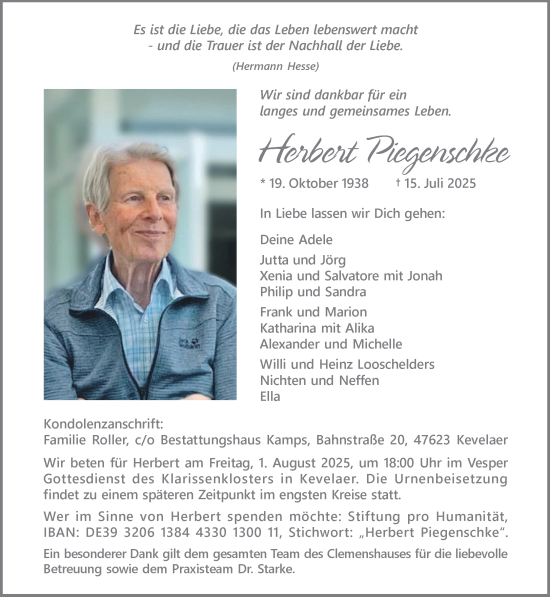 Traueranzeige von Herbert Piegenschke von NNA