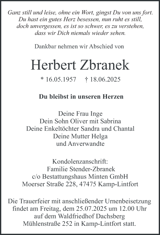 Traueranzeige von Herbert Zbranek von NNA