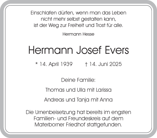 Traueranzeige von Hermann Josef Evers von NNA
