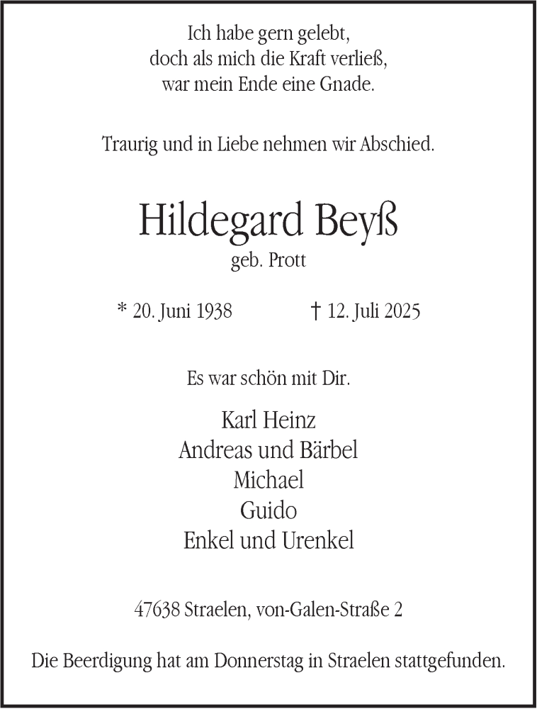  Traueranzeige für Hildegard Beyß vom 19.07.2025 aus NNA