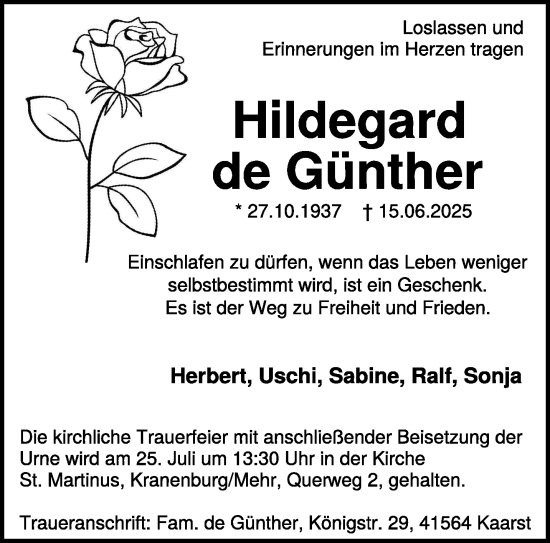 Traueranzeige von Hildegard de Günther von NNA