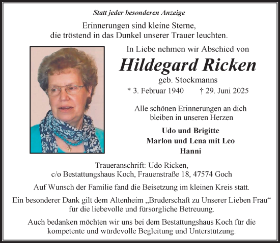 Traueranzeige von Hildegard Ricken von NNA