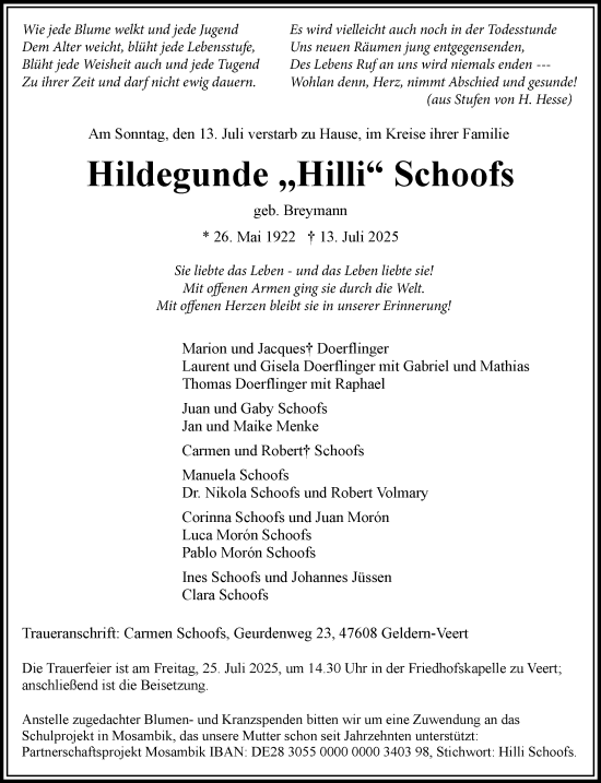 Traueranzeige von Hildegunde Schoofs von NNA