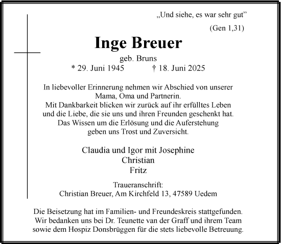 Traueranzeige von Inge Breuer von NNA