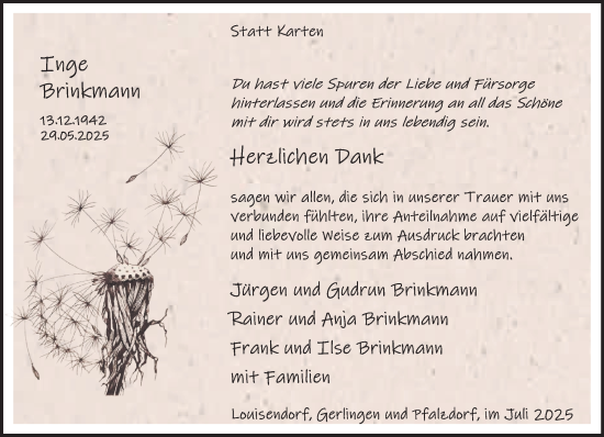 Traueranzeige von Inge Brinkmann von NNA