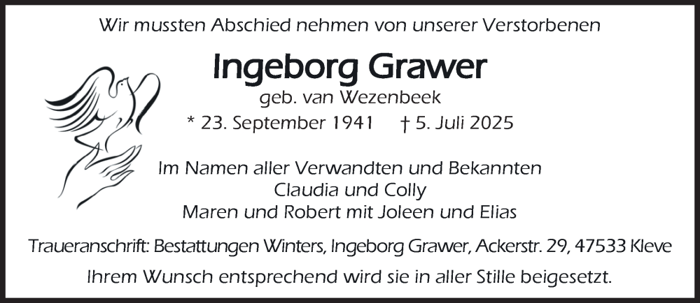  Traueranzeige für Ingeborg Grawer vom 19.07.2025 aus NNA