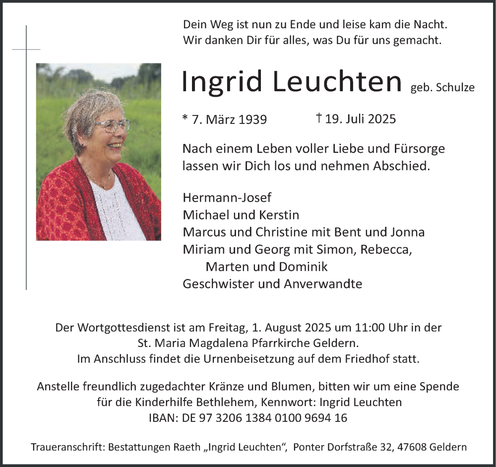  Traueranzeige für Ingrid Leuchten vom 26.07.2025 aus NNA