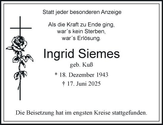 Traueranzeige von Ingrid Siemes von NNA