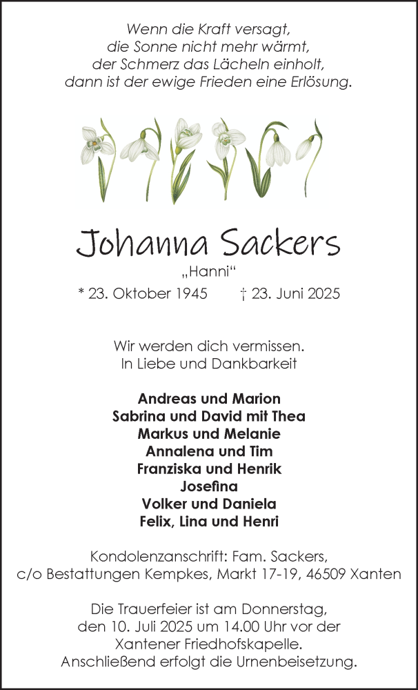  Traueranzeige für Johanna Sackers vom 05.07.2025 aus NNA