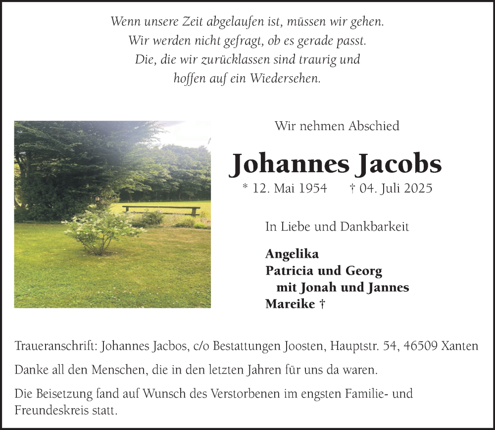  Traueranzeige für Johannes Jacobs vom 26.07.2025 aus NNA