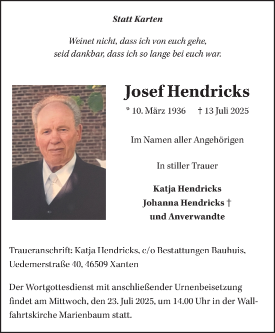 Traueranzeige von Josef Hendricks von NNA