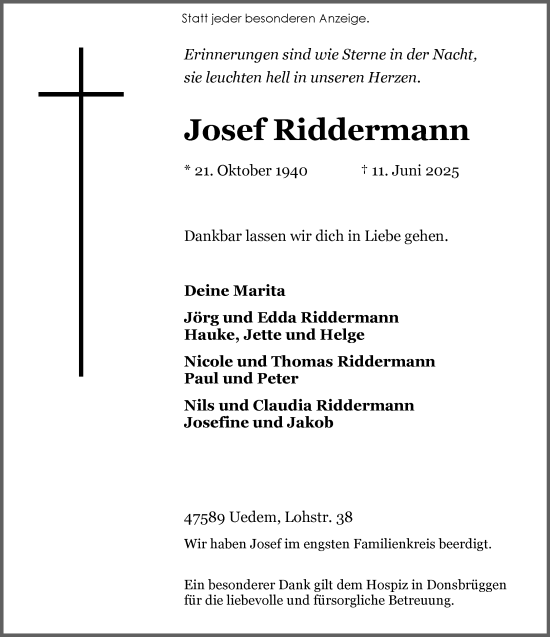 Traueranzeige von Josef Riddermann von NNA