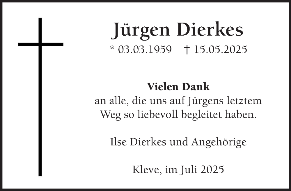  Traueranzeige für Jürgen Dierkes vom 19.07.2025 aus NNA
