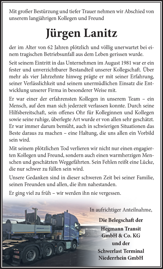 Traueranzeige von Jürgen Lanitz von NNA