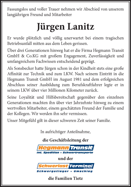 Traueranzeige von Jürgen Lanitz von NNA