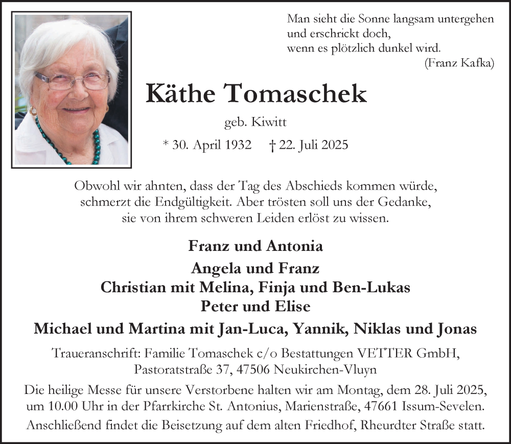  Traueranzeige für Käthe Tomaschek vom 26.07.2025 aus NNA