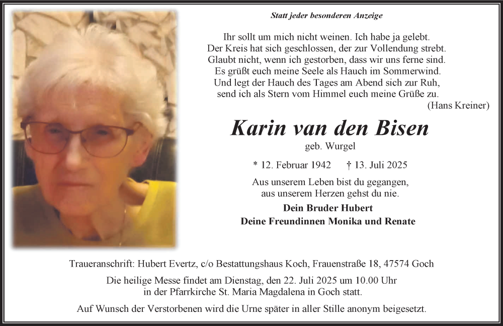  Traueranzeige für Karin van den Bisen vom 19.07.2025 aus NNA