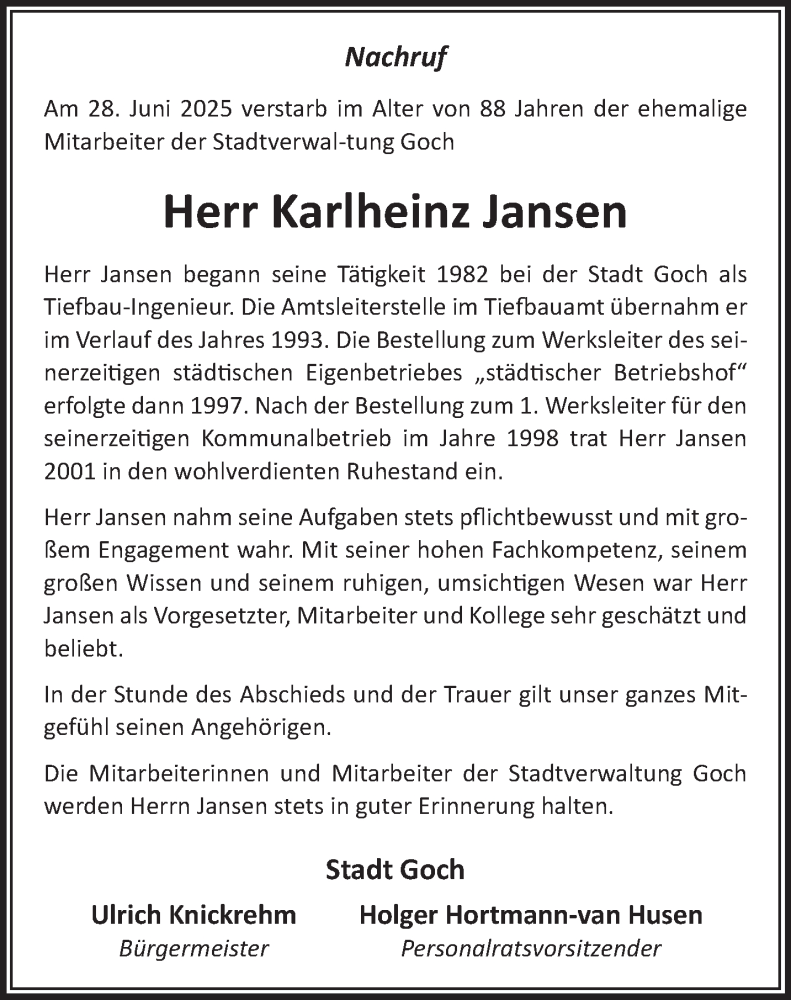  Traueranzeige für Karlheinz Jansen vom 19.07.2025 aus NNA