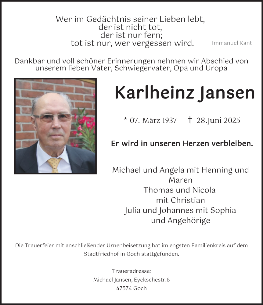 Traueranzeige für Karlheinz Jansen vom 12.07.2025 aus NNA