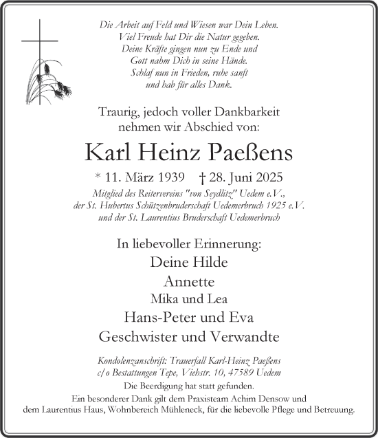 Traueranzeige von Karl Heinz Paeßens von NNA