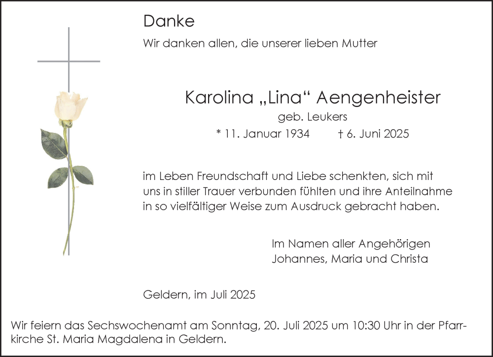  Traueranzeige für Karolina Aengenheister vom 12.07.2025 aus NNA
