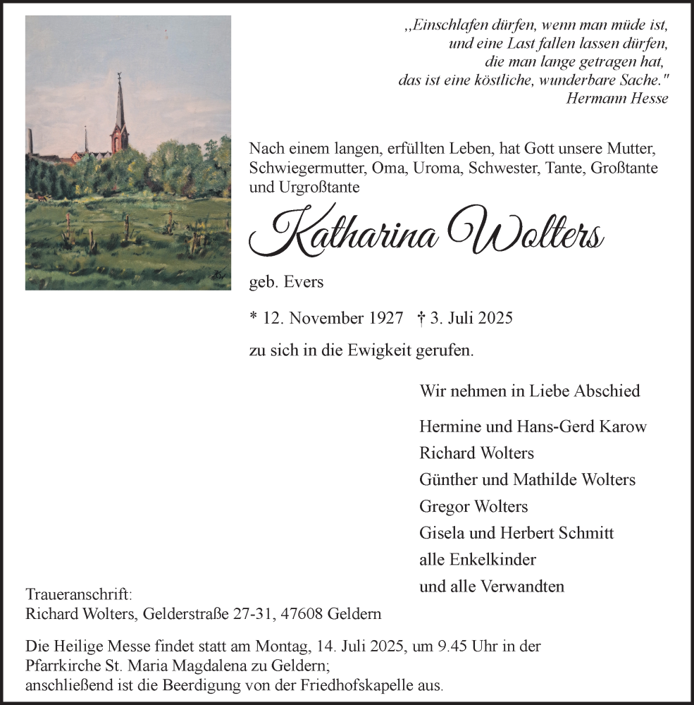  Traueranzeige für Katharina Wolters vom 12.07.2025 aus NNA