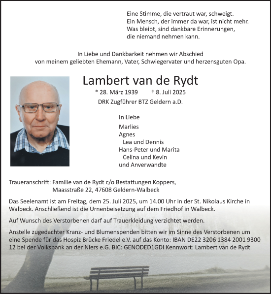 Traueranzeige von Lambert van de Rydt von NNA
