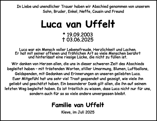Traueranzeige von Luca van Uffelt von NNA