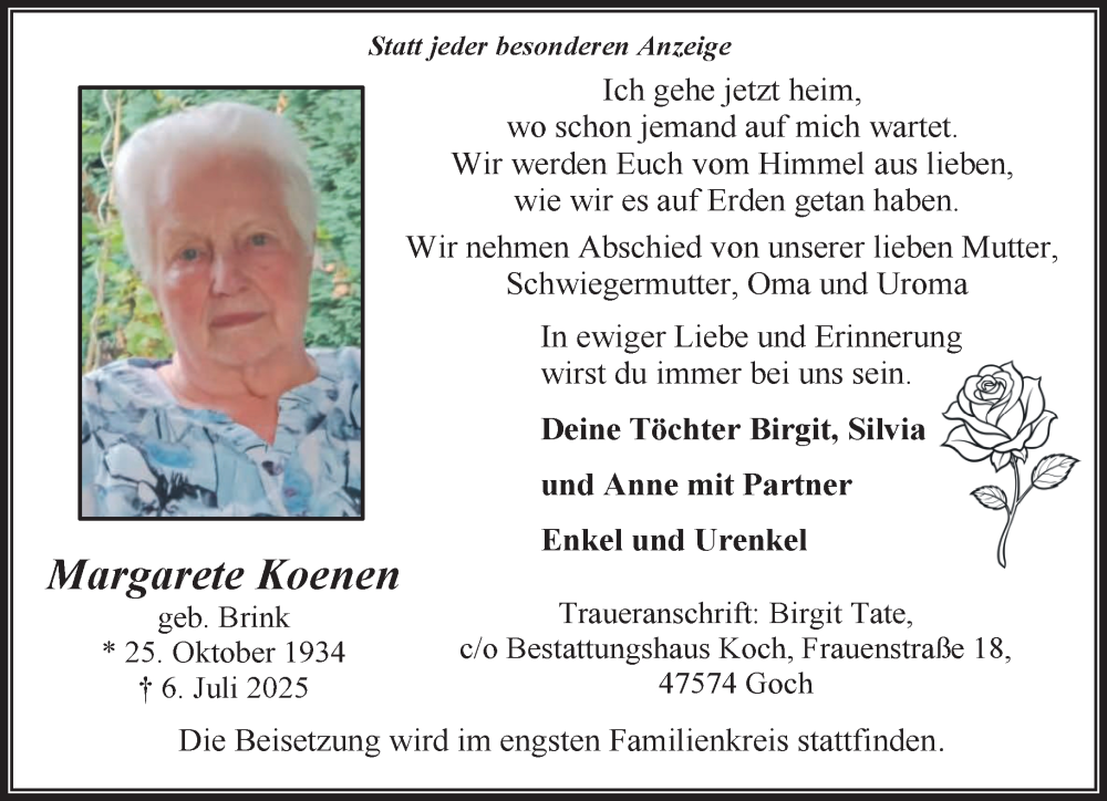  Traueranzeige für Margarete Koenen vom 12.07.2025 aus NNA