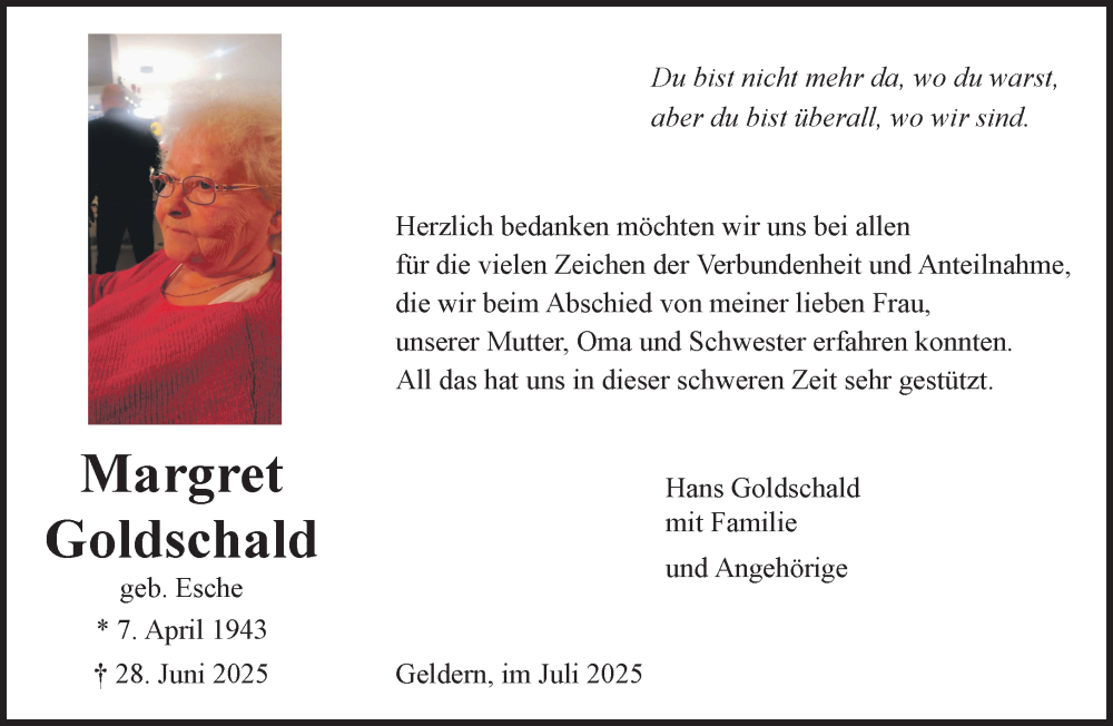  Traueranzeige für Margret Goldschald vom 26.07.2025 aus NNA