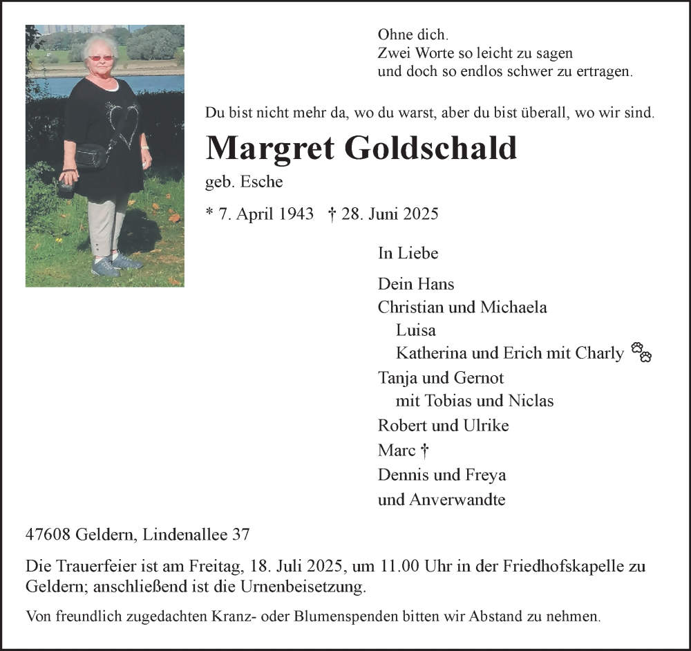  Traueranzeige für Margret Goldschald vom 12.07.2025 aus NNA