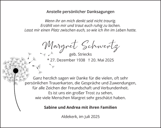 Traueranzeige von Margret Schwertz von NNA