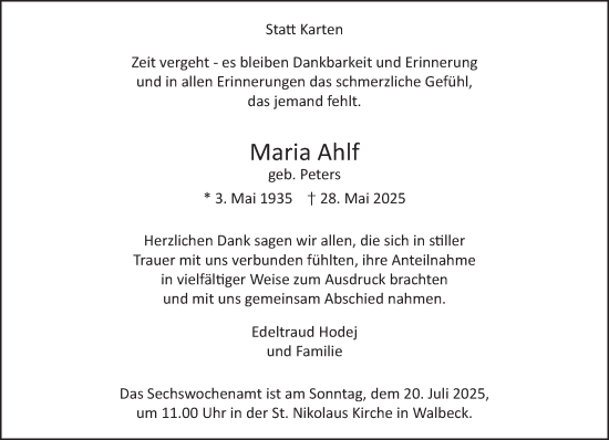 Traueranzeige von Maria Ahlf von NNA