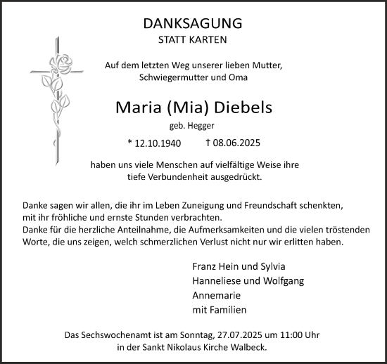 Traueranzeige von Maria Diebels von NNA