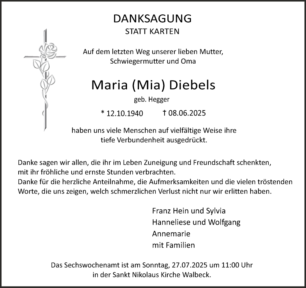  Traueranzeige für Maria Diebels vom 19.07.2025 aus NNA