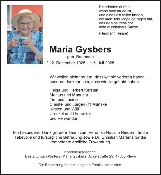Traueranzeige von Maria Gysbers von NNA