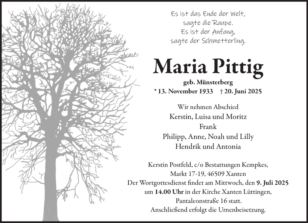  Traueranzeige für Maria Pittig vom 05.07.2025 aus NNA