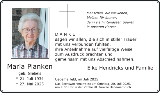 Traueranzeige von Maria Planken von NNA