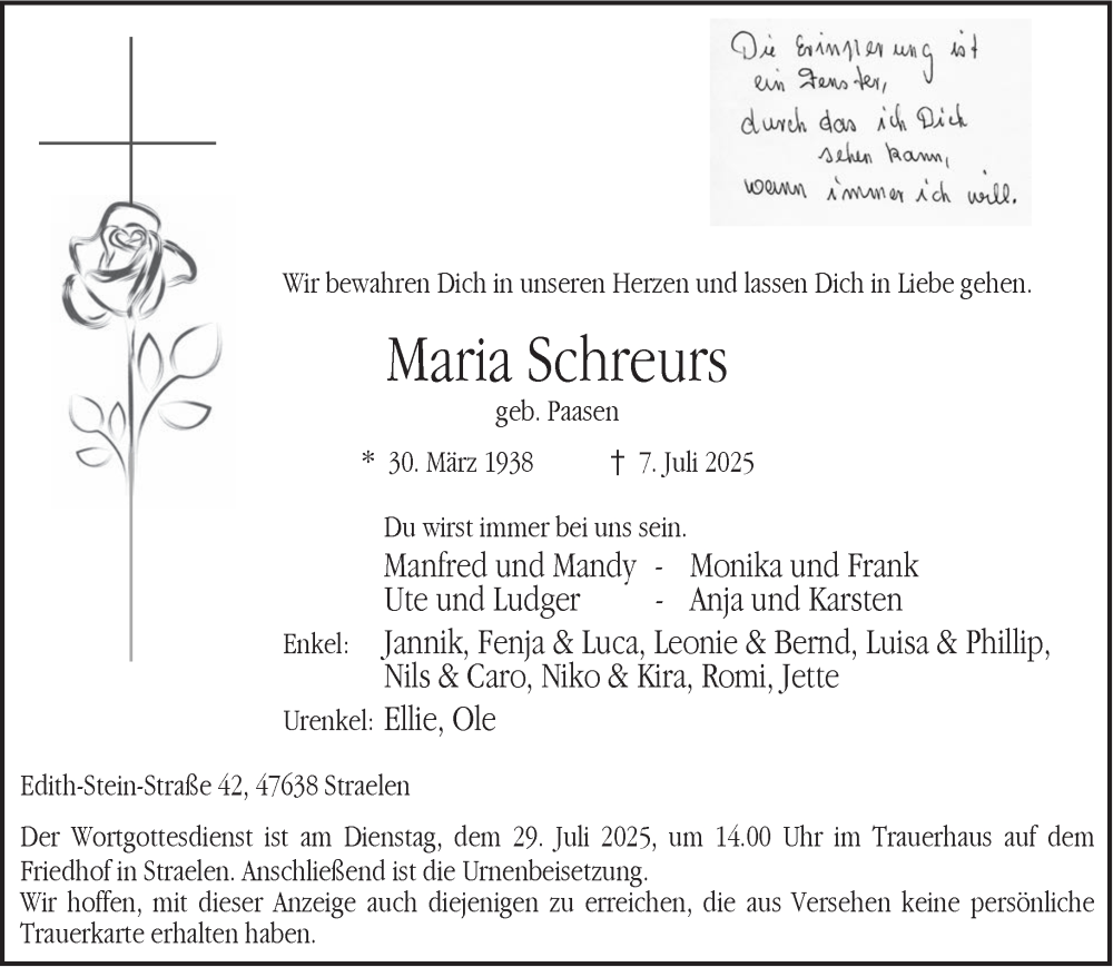  Traueranzeige für Maria Schreurs vom 19.07.2025 aus NNA
