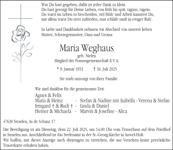 Traueranzeige von Maria Weghaus von NNA