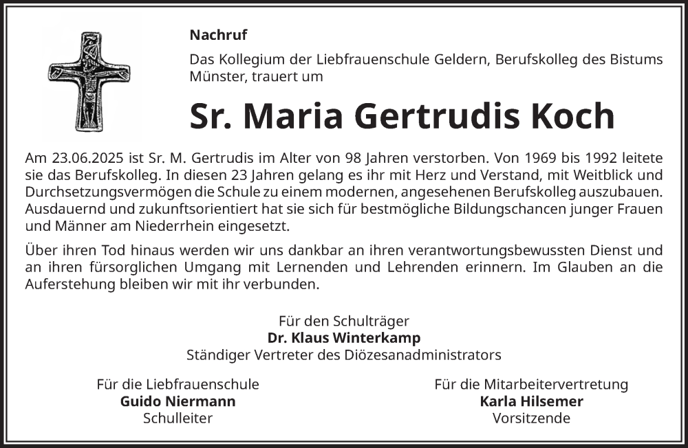  Traueranzeige für Maria Gertrudis Koch vom 05.07.2025 aus NNA