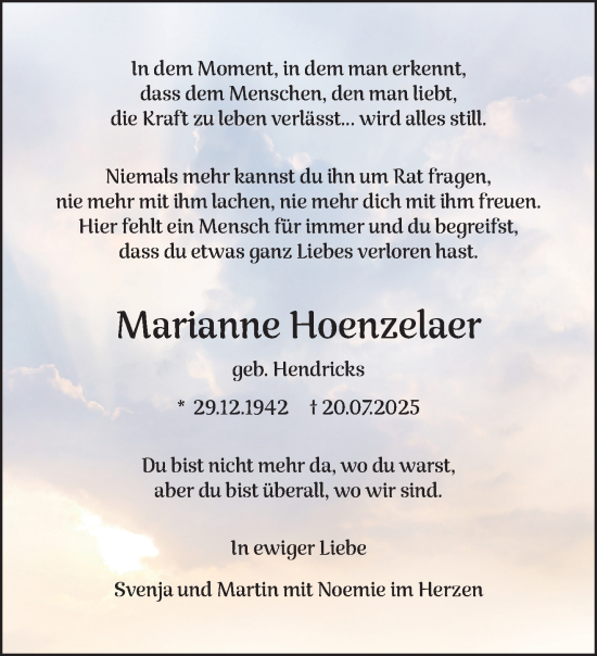 Traueranzeige von Marianne Hoenzelaer von NNA