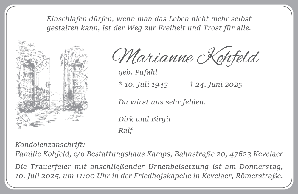  Traueranzeige für Marianne Kohfeld vom 05.07.2025 aus NNA