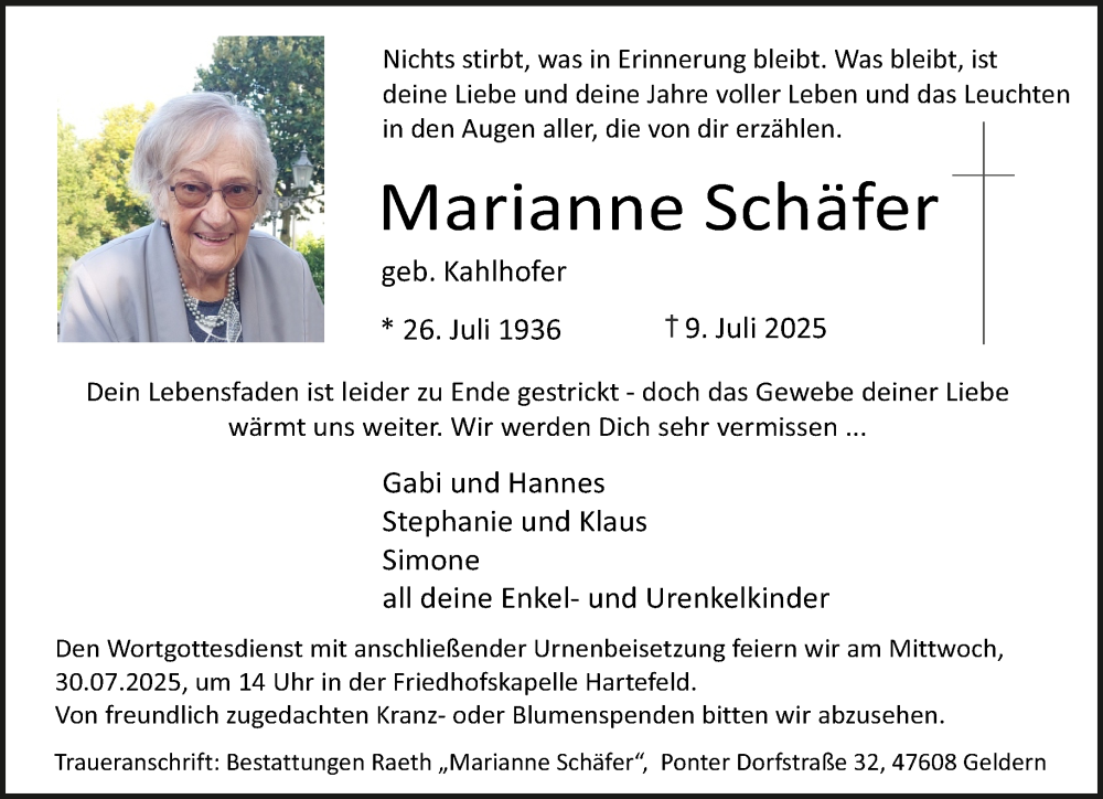  Traueranzeige für Marianne Schäfer vom 19.07.2025 aus NNA