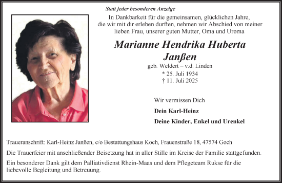Traueranzeige von Marianne Hendrika Huberta Janßen von NNA