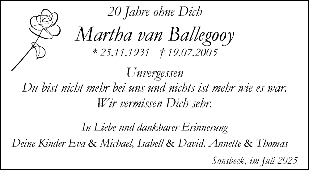  Traueranzeige für Martha van Ballegooy vom 19.07.2025 aus NNA