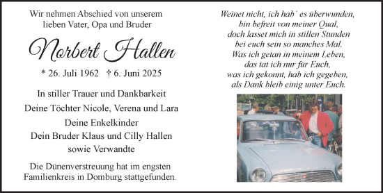 Traueranzeige von Norbert Hallen von NNA