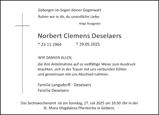 Traueranzeige von Norbert Clemens Deselaers von NNA