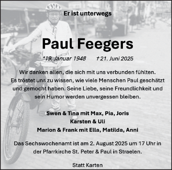 Traueranzeige von Paul Feegers von NNA