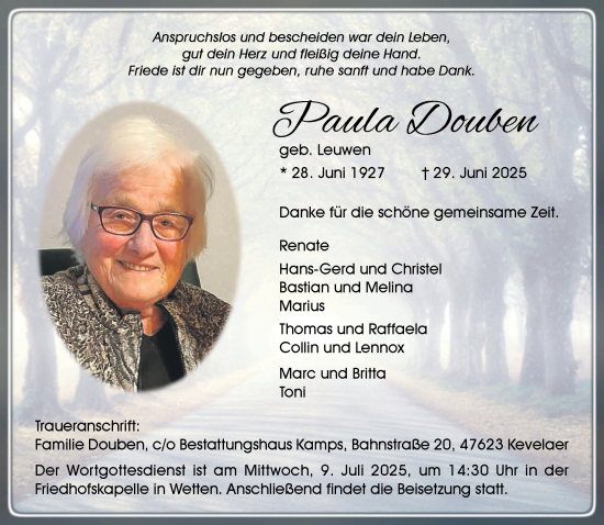 Traueranzeige von Paula Douben von NNA
